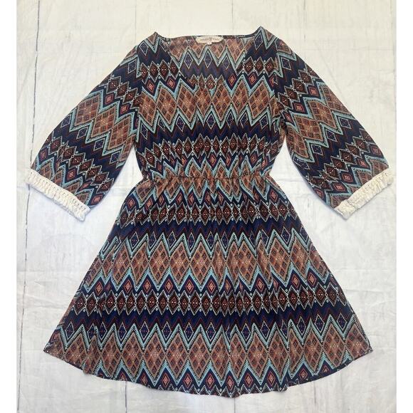 Altar'd State Vintage Boho Dress, Geometric Print, Lace Trim, Women's Small - Picture 1 of 7
